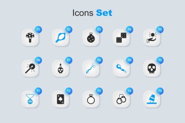 Kelepçe, kafatası üzerinde yanan mum, sihirli el aynası, göz ile madalyon zinciri, oyun yüksükleri, Kafatası, Psilocybin mantarı ve asa ikonu. Vektör