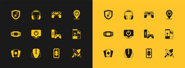 Güç düğmesini ayarla, Bilgisayar faresi, Oyun konsolu joystick, mobil oyun kumandası, denetleyici veya, Oyun ve Kulaklık Kılıcı simgesi ile. Vektör