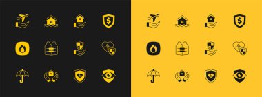 Kalkan 'ı dolarla ayarla, ev elinde, hayat sigortası kalkanı, ceket, uçak ve taşkın ikonu. Vektör