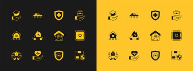 El çantası, hayat sigortası el çantası, ev, rozetli çanta, yanan araba, eğitim ödeneği ve sel ikonu. Vektör