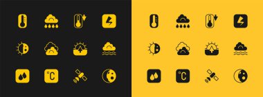 Şimşek, Selsiyus, Gündoğumu, Uydu, Bulut, Termometre ve yağmur ikonuyla ayarlayın. Vektör
