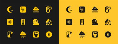 Termometreyi, dolu bulutunu ayı, kasırgayı, sisi ve ay yıldızlarını ve rüzgar ikonunu ayarla. Vektör