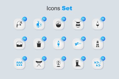 Balıkçı botları, balık kovası, balık tutmak için makaralar, kurutulmuş, kanca, balıkçı pantolonu, olta ve yem ikonu. Vektör