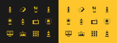 Boya paleti, resim manzarası, grafiksel tablet, suluboya boya boya kutusu, boya spreyi, kalem kutusu kırtasiyesi, keçeli kalem ve silgi ikonu ile Tüp 'ü ayarlayın. Vektör