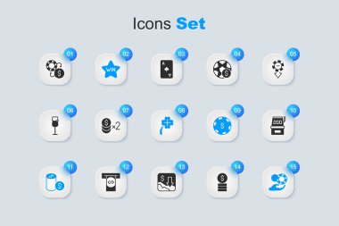 Kumarhane çipini dolar, kazanç, kumarhane fişi, kumar makinesi, takas ve kumar yoncası ikonu ile ayarla. Vektör