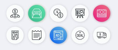 Satır Reklamcılığı, Yığın Kağıt Para, Haber, Anlaşma, Grafik, Zaman, Zırhlı Araç ve Defter ikonu. Vektör