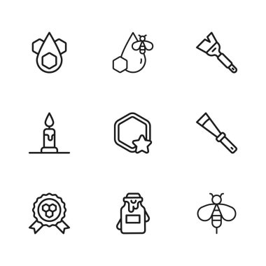 Bal kavanozu, arıcılık bıçağı, bal peteği, fırça, bal peteği ve yanan mum ikonu. Vektör