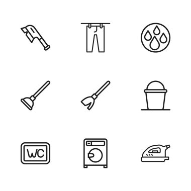Çamaşır makinesi, kova, elektrikli ütü, süpürge, su damlası, temizlik için fırça, kurutma giysileri ve pompa ikonu. Vektör