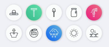 Yağmur, bahçe hortumu, bostan korkuluğu, güneş, cam kavanoz tornavida, kürek, bitki filizleri, güneş ve eko sağlıklı gıda ikonu ile çizgi oluşturun. Vektör