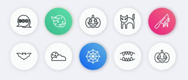 Örümcek ağı, kanlı bıçak, uçan yarasa, vampir dişi, kara kedi, balkabağı ve ay ve yıldız ikonu. Vektör