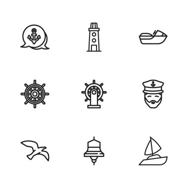Gemi zili, gemi kaptanı, yat yelkenlisi, direksiyon, jet ski, dayanak noktası, deniz feneri ve ikon. Vektör