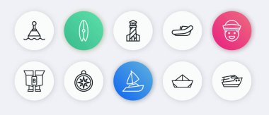 Yat yatı yelkenlisi, Sailor, dürbün, katlanmış kağıt motor, deniz feneri, sürat teknesi ve pusula simgesi ile şişirilebilir. Vektör