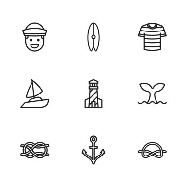 Anchor, Balina Kuyruğu, Denizcilik halat düğümleri, Deniz feneri, Çizgili Denizci tişörtü, Denizci, Sörf tahtası ve Yat teknesi ikonu. Vektör