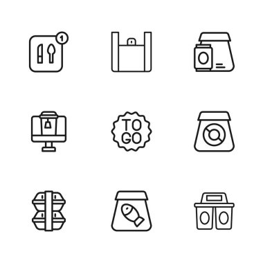 İnternetten balık, yiyecek, kahve fincanı, yiyecek ve ikon siparişi ver. Vektör