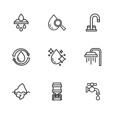 Su soğutucusu, duş, musluk, damla, kartuş filtreleme, büyüteç bırakma ve temiz su simgesini geri dönüştür. Vektör