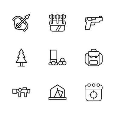Sıralı turist çadırı, yürüyüş sırt çantası, hedef sporu, fişekler, tabanca, ortaçağ yayı ve oku, ok ve oklarla titreyen ve ağaç ikonu. Vektör