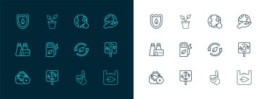 Hat El 'in Dünya' yı tutması, Geri Dönüşüm sembolü, Elektrik prizi yaprağı, Termometre, Petrol ya da benzin istasyonu, küresel ısınma için erime, Kalkan ve Bitki ikonu. Vektör