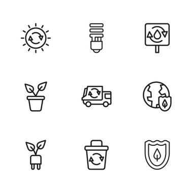 Hat geri dönüşüm kutusu, kalkan, kalkan yaprağı, çöp kamyonu, temiz su, güneş enerjisi paneli, LED ampul ve saksı ikonu ile Dünya. Vektör