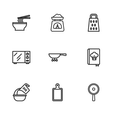 Hat kesme tahtası, yemek kitabı, kızartma tavası, ateşte, rende, Asya erişte kasesi, pullar ve mikrodalga fırın ikonu. Vektör