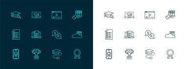 Satır Kitap bağışı, Ödül kupası, Soru ve Cevap, Fare ile Mezuniyet Başlığı, Online Quiz, Test, Anket, Oyun, İmleç ve Dizüstü Simgesi. Vektör