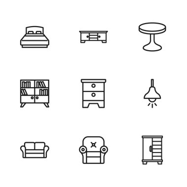 Koltuk, lamba asma, gardırop, mobilya sehpası, yuvarlak masa, büyük yatak, televizyon ve kütüphane kitaplığı ikonu. Vektör