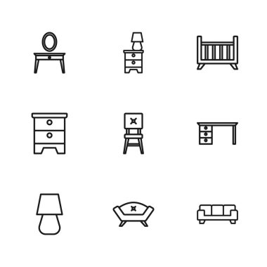 Set masası, ofis masası, sandalye, bebek karyolası beşik yatağı, soyunma masası, lamba ve ikonlu mobilya sehpası. Vektör