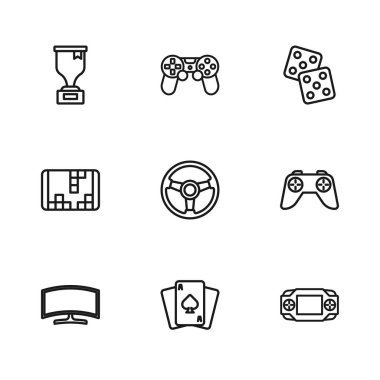 Satır Oyun kartları, oyun kumandası veya joystick, taşınabilir video oyun konsolu, yarış simülatörü, zar, ödül kupası ve simge. Vektör