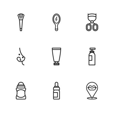 Temel yağ şişesi, şampuan şişesi, gülen dudaklar, krem veya losyon kozmetik tüp, kirpik bigudi, makyaj fırçası, el aynası ve akne ikonu. Vektör