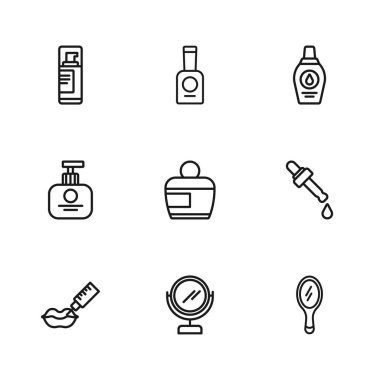 Yuvarlak makyaj aynası, yağlı Pipette, krem losyon tüpü, şampuan şişesi, tıraş jeli köpük, tırnak cilası ve tüp el kremi ikonu. Vektör
