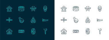 Oduncu, tahta kütük, vinç, ağaç halkaları, elektrikli testere, balta, köpek evi ve kütük simgesi. Vektör