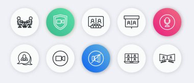 Dilsiz mikrofon, mikrofon, konuşma balonu sohbeti, video konferansı ve ikonu ayarla. Vektör
