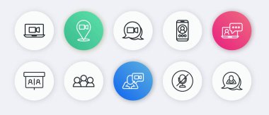 Görüntülü sohbet konferansı, sessiz mikrofon, konuşma balonu ve buluşma simgesi ayarla. Vektör