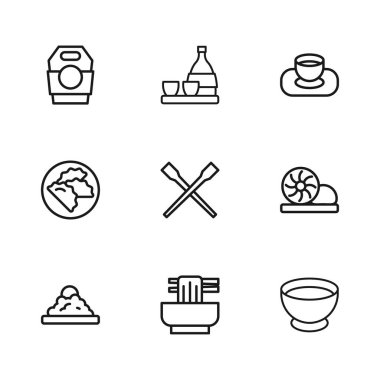 Asya eriştelerini kaseye koy, Xiao long bao, soya sosu, yemek çubukları, karton kutu, bir şişe sake ve köfte ikonu. Vektör