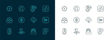 Hattı Su Damlası, Horoz rüzgar gülü, Bulut ve Şimşek, Bulutlu Gökkuşağı, Güneye Pusula, Termometre, Güneş Enerji Paneli ve Ay faz simgesi. Vektör