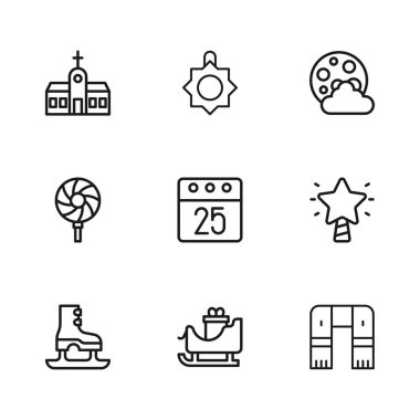 Noel Baba kızağı, yıldız, kış şalı, gündüz takvimi, gece, kilise binası, oyuncak ve lolipop ikonu. Vektör