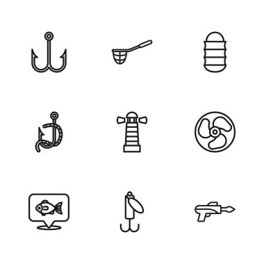 Olta yemi, dıştaki tekne motoru, zıpkın, deniz feneri, ağ, kanca ve solucan ikonu. Vektör