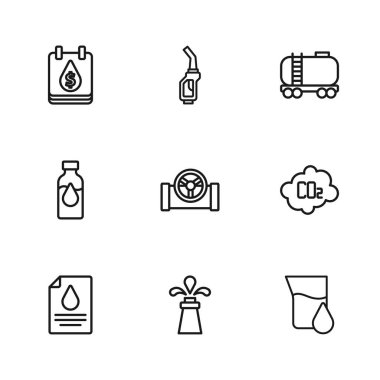Hat petrol platformu, karbondioksit emisyonları, benzin test tüpü, valfli boru, demiryolu deposu, dolar sembolü, benzin pompası başlığı ve ikon. Vektör