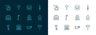 Ortaçağ kılıcı, demirci fırını, kıskaç ve vida aleti, şömine demiri, örs, örs, örs çekiç ve balyoz ikonu. Vektör