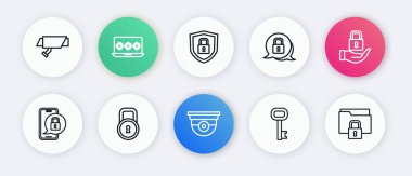 Hat güvenlik kamerası, Lock, Mobile kapalı asma kilit, Eski anahtar, Kalkan güvenliği, Dizin ve simge. Vektör