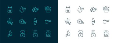 Alış veriş torbası, yiyecek, kadın beli, kalbi olan akıllı saat, metabolizma, şekersiz, obezite ve su dengesi ikonu. Vektör