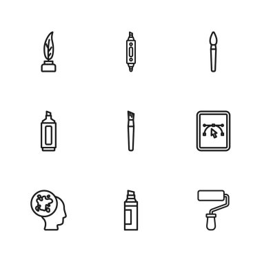 Satır İşaretleyici Kalemi, Tasarım programlı Bilgisayar, Boya Fırçası, Tüy, Mürekkep ve Simge. Vektör