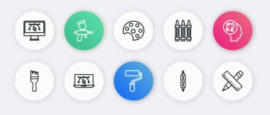 Çizgi boyası fırçası, sprey, İşaret kalemi, cetvel, çapraz cetvel, kalem ve bilgisayar tasarım programı simgesi çizimi için mum boya kalemleri ayarlayın. Vektör