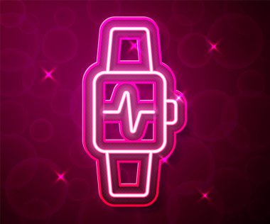 Parlak neon çizgisi. Kırmızı arkaplanda kalp atış hızı simgesini gösteren akıllı saat. Fitness uygulaması konsepti. Vektör
