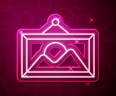 Parlayan neon çizgisi Resim ikonu kırmızı arkaplanda izole edildi. Vektör