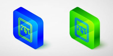 Gri arkaplanda izole edilmiş vektör tasarım programı simgesiyle Isometric line Computer görüntüsü. Kullanıcı arayüzü ile fotoğraf düzenleme yazılımı. Mavi ve yeşil kare düğme. Vektör