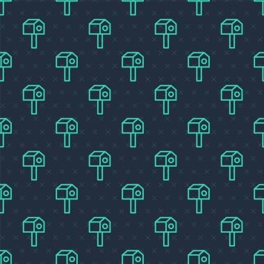 Yeşil çizgi kuş evi ikonu mavi arka planda izole edilmiş pürüzsüz desen. Yuva kutusu kuş evi, kuşlar için ev yapımı bina. Vektör