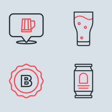 Bardak bira, şişe kapağı, bira kutusu ve tahta bardak ikonu. Vektör