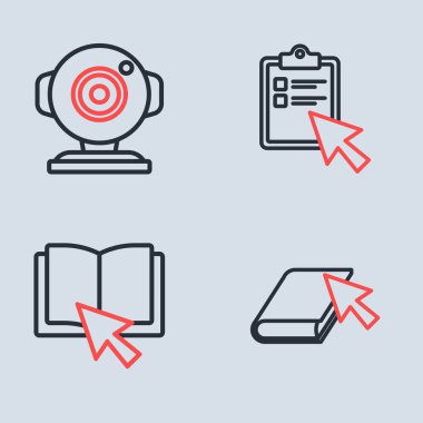 Çevrimiçi sınav, test, inceleme, kitap ve web kamera simgesini ayarla. Vektör