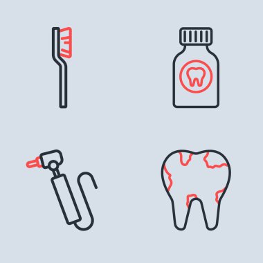 Diş ağrısı tableti, matkap, kırık diş ve diş fırçası ikonu. Vektör