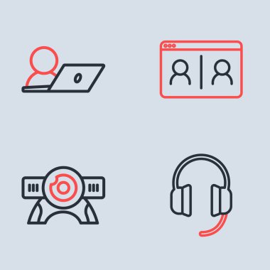 Görüntülü sohbet konferansı, web kamerası, kulaklık ve ikon ayarla. Vektör